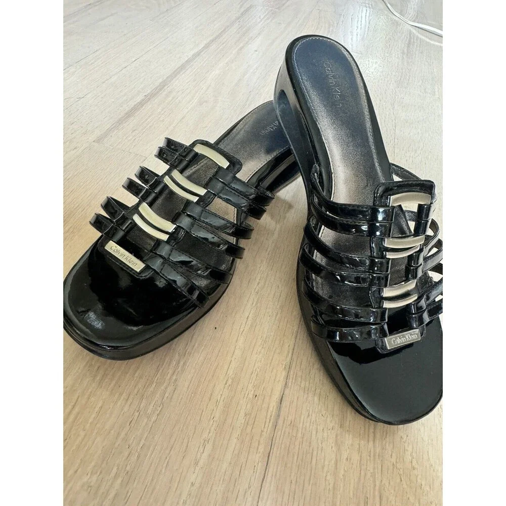 Calvin Klein Sandals Black Wedge Heel Women’s Size 9